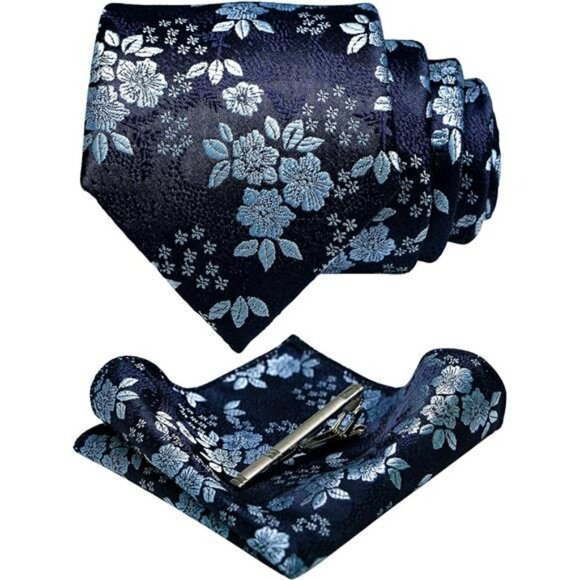 floral necktie pocket square tie clip set silk blend wedding business mens tie - Picture 1 of 5